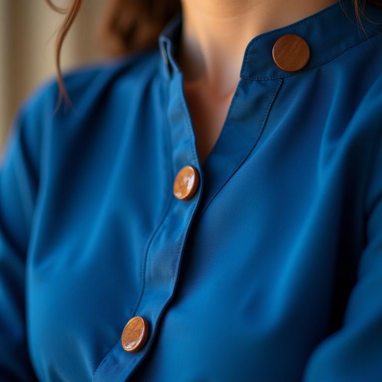 Blusa Azul Mediterráneo con botones de madera en close up