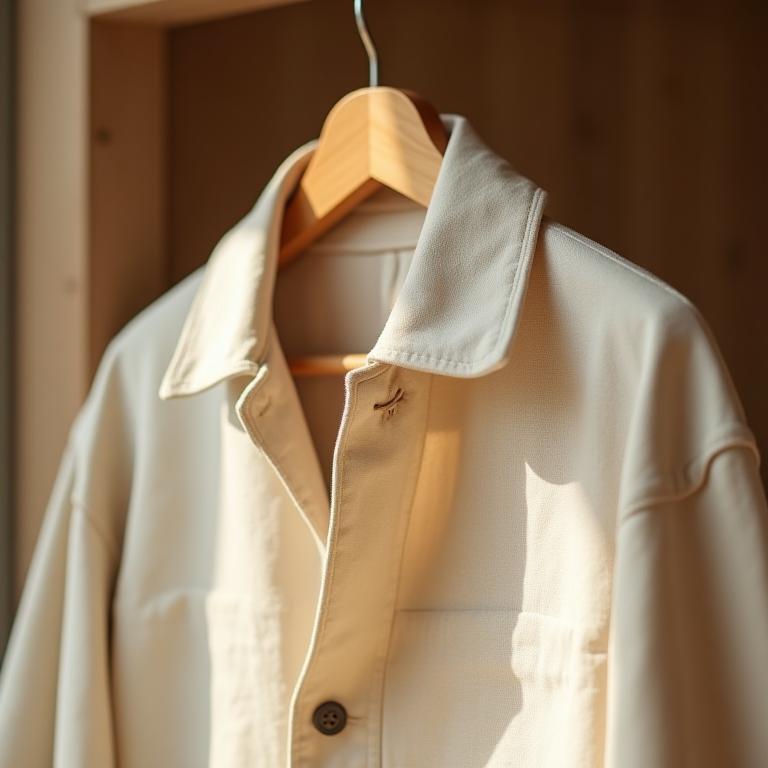 Chaqueta de lino natural colgada en percha de madera