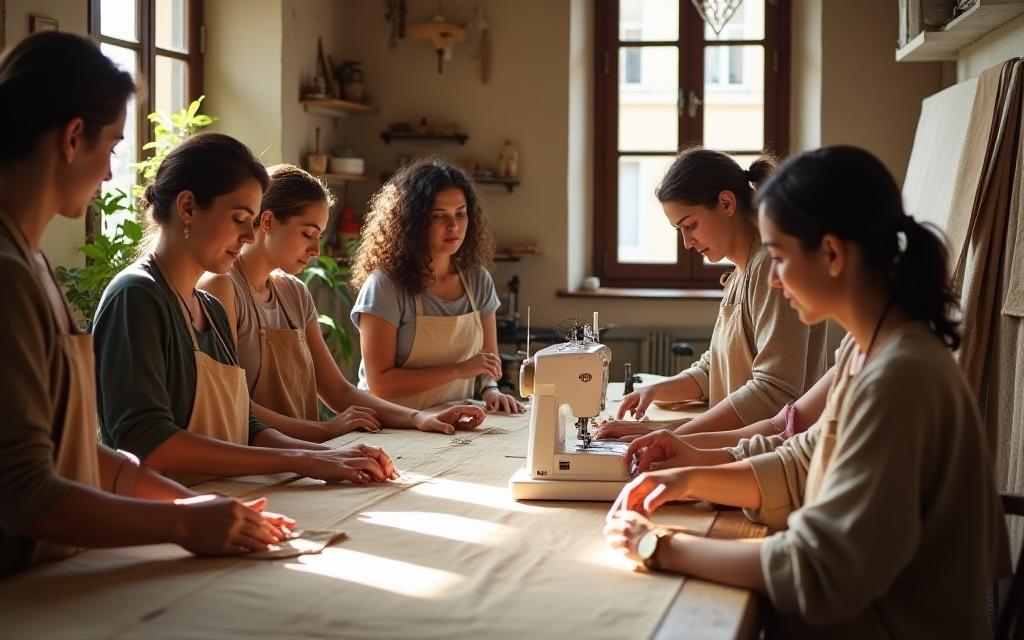Equipo de Alma Tejida trabajando en el taller del barrio Gótico